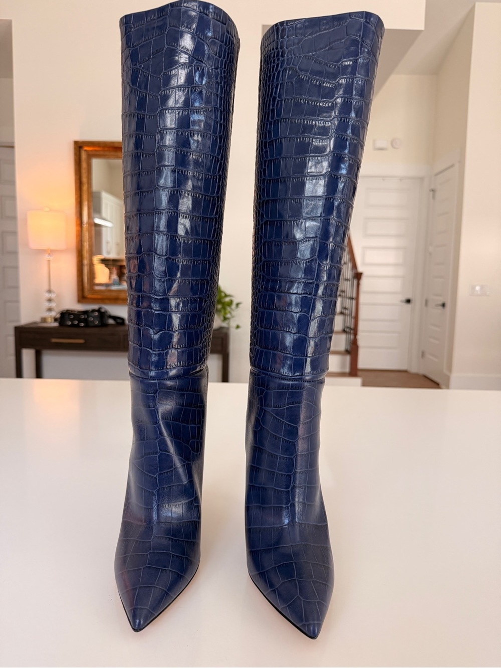 Paris Texas Navy Croc-Embossed Over-the-Knee Pointed-Toe Boots